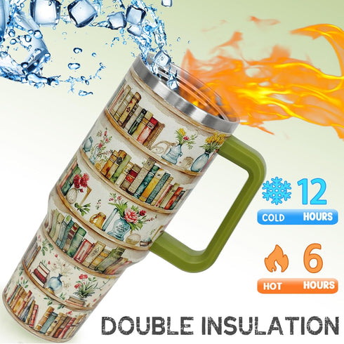 Nqhsionv 40oz Book Lovers Gifts Retro Bookshelf Tumbler Mothers Day Watercolor Flowers Bookworm Coffee Travel Mugs