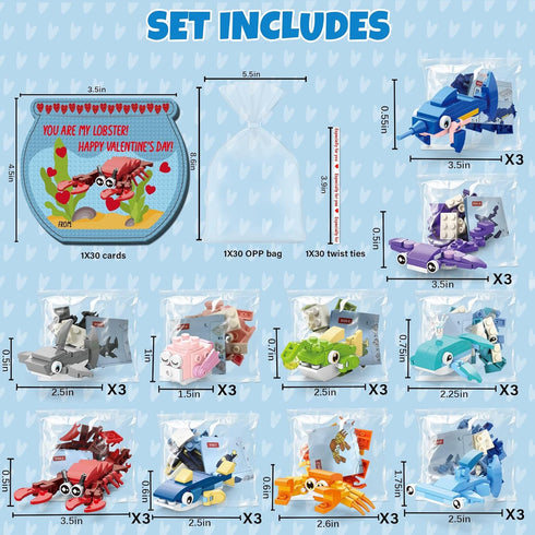UrJKJV 30 Pack Valentines Cards for Kids Classroom - Sea Animal Building Blocks with Valentine Exchange Cards