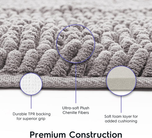 Tafts Bathroom Rugs - Extra-Thick Memory Foam Bath Mat, Ultra-Soft Chenille Microfiber, Non-Slip (21"x47") Light Grey