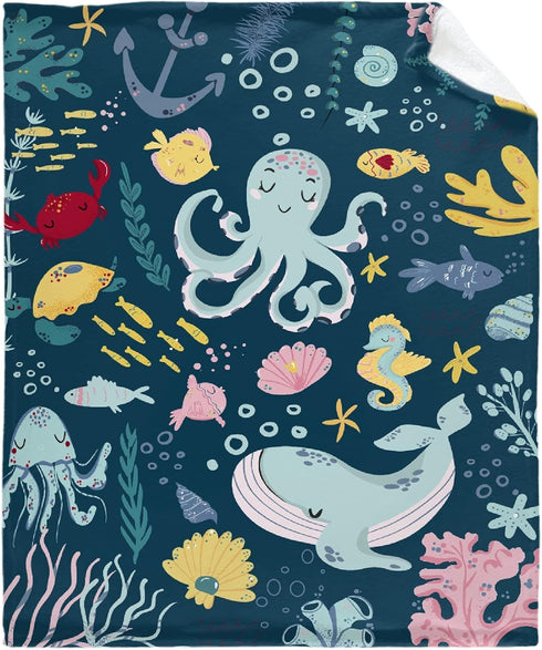 Thuswarm Cute Blue Sea Creatures Octopus Whale Flannel Blanket for Autumn Winter