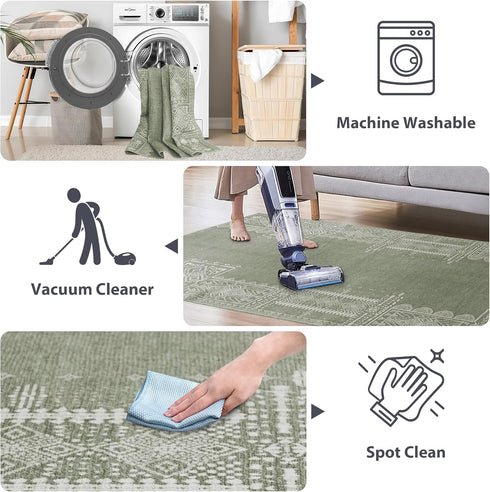 NICETOWN Sage Green Entryway Rug 2x3 Washable Thin Geometric Non-Slip Area Rug for Living Room, Kitchen, Bathroom