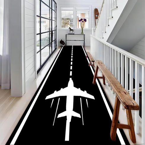 Kuluoits Rug,2x6ft, Runway Track Aircraft Runner Black White Long Runner Rugs Aviation Airport Plane Racing Runway Area