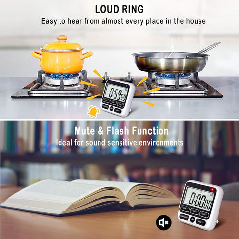 KTKUDY Digital Kitchen Timer with Mute/Loud Alarm, 24 Hour Clock & Memory Function, Large LCD Display (Black)