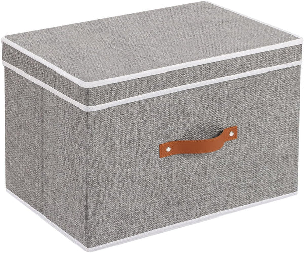 Fabric Storage Bins with Lids, Linen Foldable Storage Boxes, Closet Storage Organizer Containers with Handles, Grey,