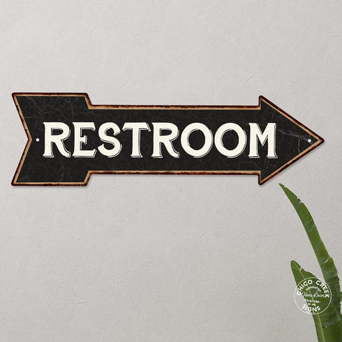 Chico Creek Signs Restroom Black Rt Arrow Vintage Metal Sign 5x17
