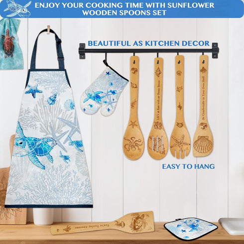 8 Set PCS Ocean Bamboo Kitchen Cooking Utensil Spoon with Apron Oven Mitt Potholder,Gift for Women Coastal Decor Beach