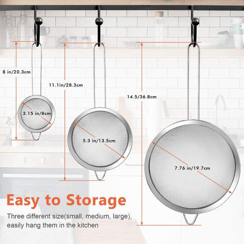 3Pcs Extra Fine Mesh Strainer Set with Handle - Small, Medium, Large Stainless Steel Sieve for Kitchen Baking