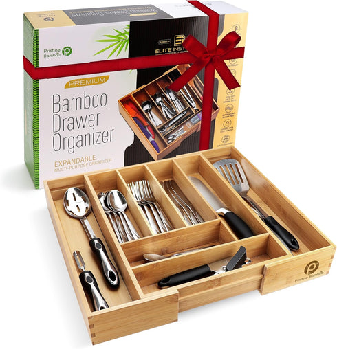 Silverware Tray for Drawer Organizer, Kitchen Cutlery Organizer with Expandable Adjustable Wooden Dividers (8-Slots)