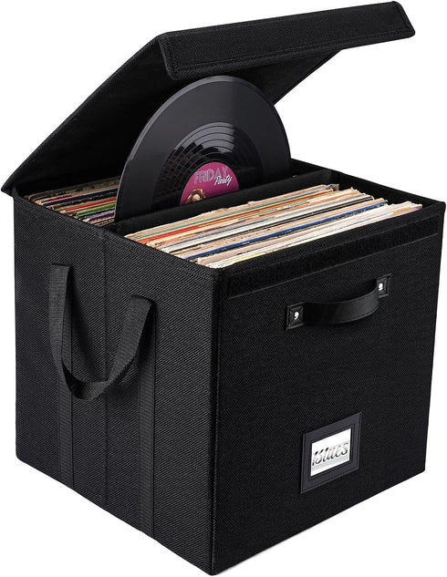 Vinyl Record Storage Box, 13 Inch Linen Fabric Case for LP Album Storage, Stackable & Collapsible for 120+ Records