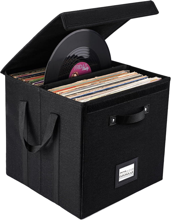 Vinyl Record Storage Box, 13 Inch Linen Fabric Case for LP Album Storage, Stackable & Collapsible for 120+ Records