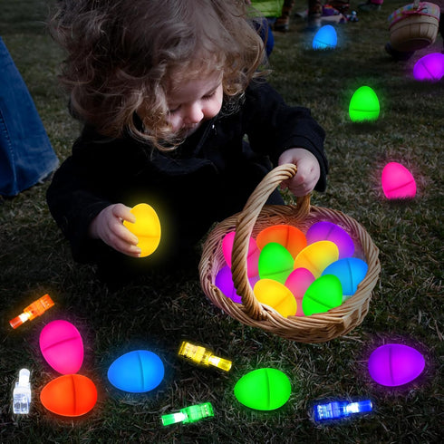 24Pcs Pre filled Easter Eggs with Egg Fillers Finger Lights, Easter Basket Stuffers for Teens Toddler Boys Girls