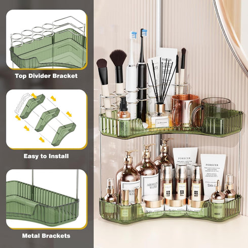 Asayuee 2-Tier Counter Countertop 2 Corner Bathroom Organizer with Top Toothbrush Holders,Large Makeup Organizer