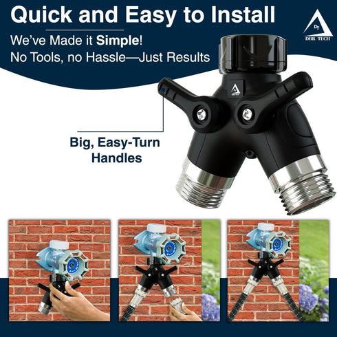 2 DBR Tech Garden Hose Splitter Way Heavy Duty | Faucet Adapter with Long Handle, Outdoor Water Spigot Hose Bib Y Wye