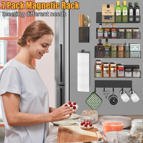 7 Pack DTUQYX Magnetic Spice Rack for Refrigerator, Metal Shelf Black , Moveable Organizer with Hook Rack, Paper Towel