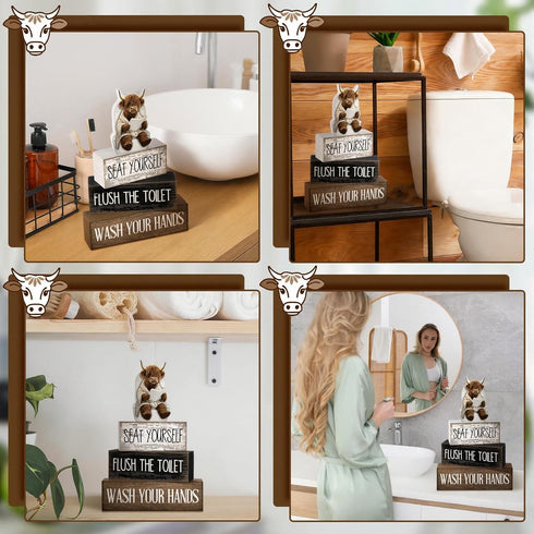 Moucuny 4 Set Pcs Highland Cow Bathroom Decor Funny Rustic Wooden Tiered Tray Signs with Highland Cow Toilet Figurine