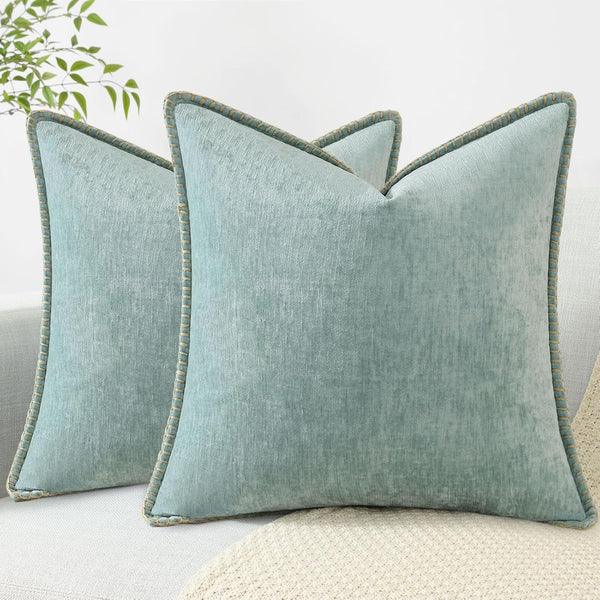 decorUhome Chenille Soft Throw Pillow Covers - 16x16 Set of 2, Farmhouse Velvet Decorative Covers, Aqua Haze