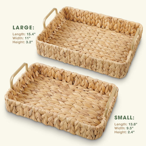 Set 2 of Rectangular Wicker Trays with Handles - Decorative Trays for Coffee Table, Ottoman, Dining Room, Living Room