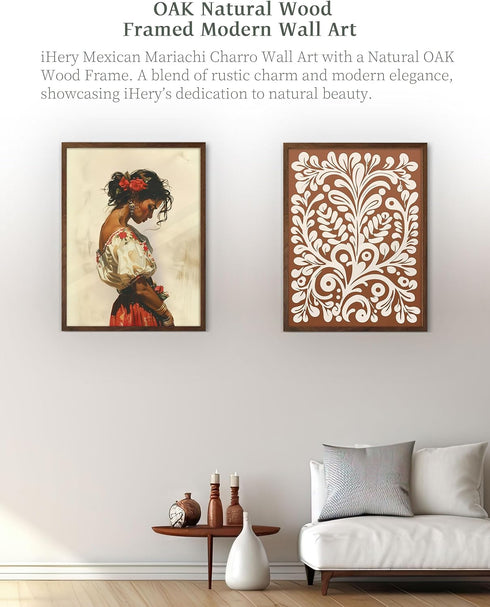 12x16in 1Pack iHery Natural OAK Walnut Color Wood Abstract Mexican Framed Wall Art, Talavera Tile Burnt Orange