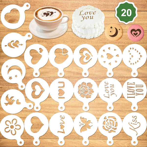 Konsait 20Pack Valentine's Day Cake Stencil Templates, Reusable Baking Painting Mold Tools for Decorating Dessert