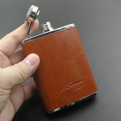 3oz Brown Red Leather Wrapped Hip Flask with Funnel, 18/8 Stainless Steel (YM102)