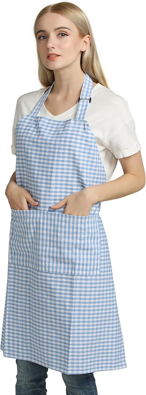 Vintage Gingham Chef Bib Canvas Kitchen Aprons, Large Size, 100% Pure Cotton, Adjustable Neck Strap, Pockets (Blue)