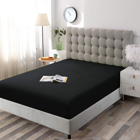 Sfoothome Black Fitted Sheet - 14 Inch Pocket Deep Microfiber Sheets, Queen Size