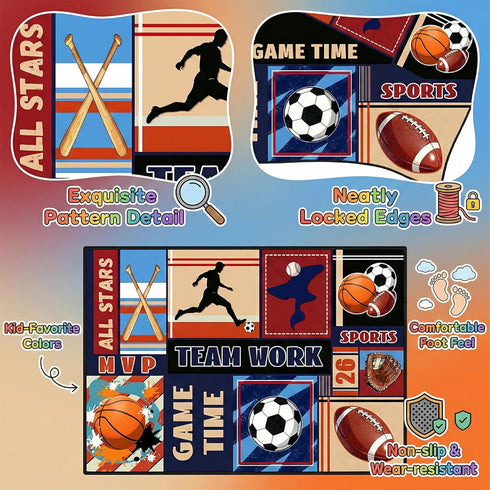 3x5 BATATADOCE Sports Rug for Boys Bedroom - Feet Basketball Football Soccer Baseball Area Rug for Kids Room Playroom