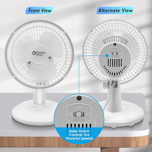 Comfort Zone Desk Fan, Fully Adjustable Tilt, Electric Mini Desk Fan, 6 inch, Quiet, 2 Speed, Ideal for Home, Bedroom,