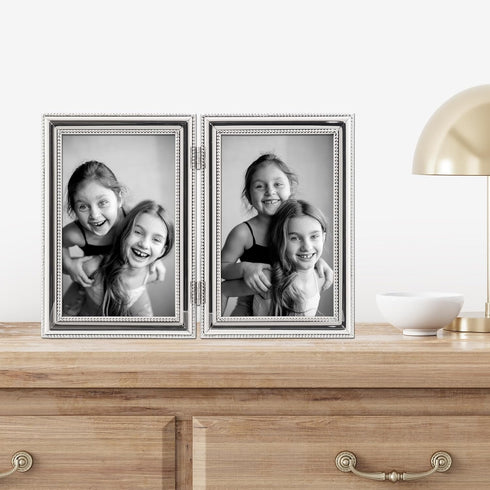 Lawrence Frames 4 by 6-Inch Hinged Double Metal Picture Frame, Silver-Plate with Delicate Beading (Vertical)