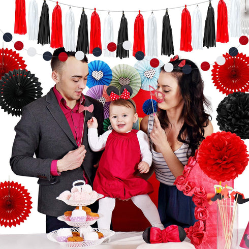 WILLBOND 29 Pcs Red and Black Decorations, Mouse Paper Decoration Fan Pom Pom for Graduation Birthday