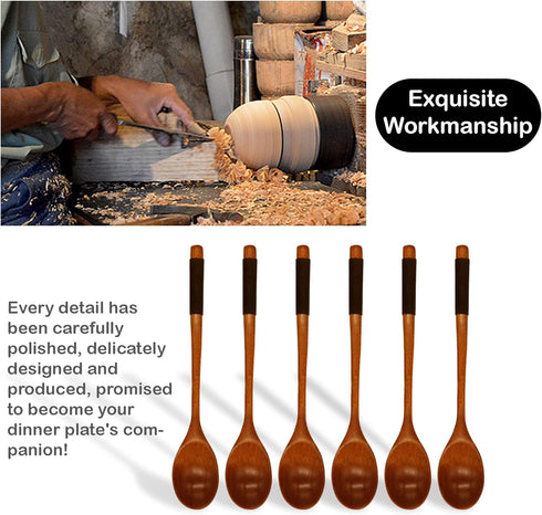 Muulaii 6 Pieces Wooden Spoons, 9 Inch Long Handle Soup Spoons, Japanese Style Kitchen Utensil for Korean Food Cooking