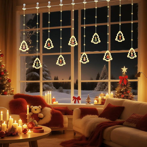 Remote,8 IP65 10 Christmas Tree Curtain Lights, Christmas Window Lights Decor with Lighting Modes, Waterproof, Hooks