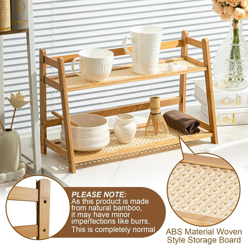 1 2 Countertop (Wood,17.7 Inch) Yalikop Pcs Tier Matcha Station Shelf Bamboo Coffee Mug Stand Storage Rack, Double