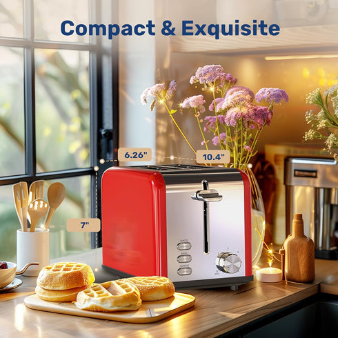 YSSOA Stainless Steel Toaster: 2 Slice with Extra Wide Slot, 6 Shade Settings, Red