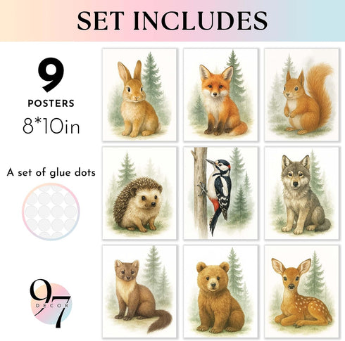 97 (8x10 Decor Woodland Nursery Wall Decor - Forest Nursery Wall Art Prints For Kids Classroom, Bear Fox Artwork Deer