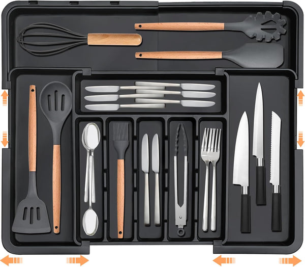 Silverware Organizer, Expandable Kitchen Utensil Drawer Tray with 9 Compartments, Large Cutlery Organizer for Forks,