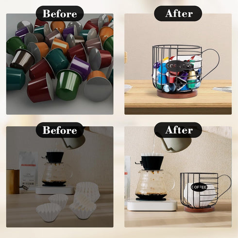 Coffee Pod Holder with Lid, Large Capacity K Cup Coffee Filter Holder with Rustic Wooden Base, Black Wire Coffee Storage Basket for Kitchen Countertop, Coffee Bar, Coffee Station Organizer