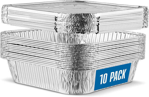 PLASTICPRO 10 Pack 8 Inch Square Aluminum Pans with Lids, Disposable Tin Foil Baking Pans for Food Storage