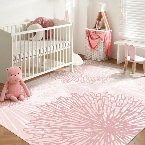 5x7 Pink Rugs for Bedroom Girls: Modern Large Washable Cute Boho Floral Pattern Area Rug Soft Indoor Floor Non-Slip Low