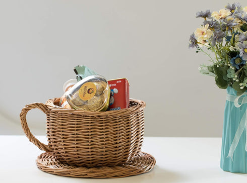 Wicker Saucer Coffee Mug Cup, Decorative Gift Basket, Desk Organizer