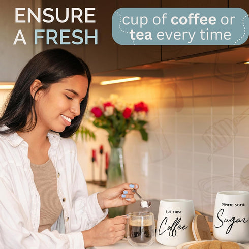 Set 3-Piece Countertop Set, Coffee Tea and Sugar Ceramic Canister with Bamboo Lids - Airtight Kitchen Canisters