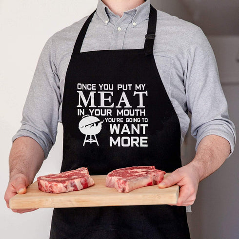 Funny Grilling Apron for Men - Once You Put My Meat - One Size Fits All, Black Chef Kitchen BBQ Apron with 3 Large