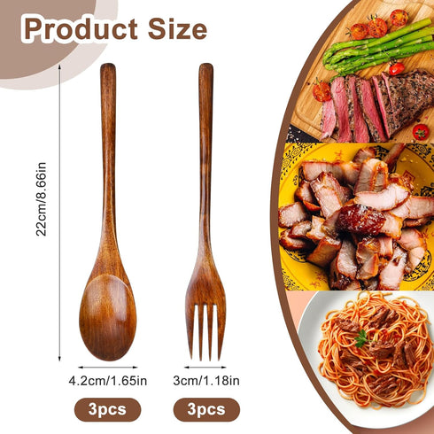 6Pcs Wooden Spoons Forks Set Wooden Spoons and Forks Cutlery Set, Reusable Wooden Utensil Set Wood Spoons Flatware Sets for Stirring Cooking Camping by KALIONE