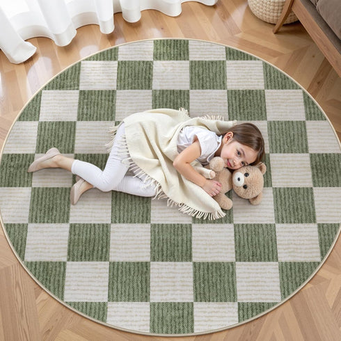 6 Green,180R) LIVEBOX Checkered Round Rug Ft Washable Area Rug for Playroom Classroom, Kids Non-Slip Neutral Classic