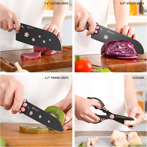 Cute Kitchen Knife Set, 5-Piece Non-Stick Knives with Detachable Block & Scissors, Sharp Kitchen Knives for Home