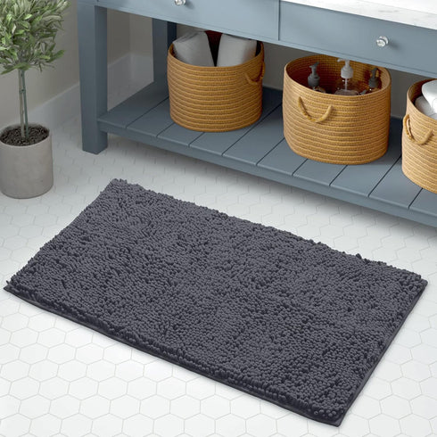 LuxUrux Bath Mat, Extra-Soft Plush Non-Slip Bathroom Rug, 17 x 24 inches, Dark Gray Chenille Microfiber