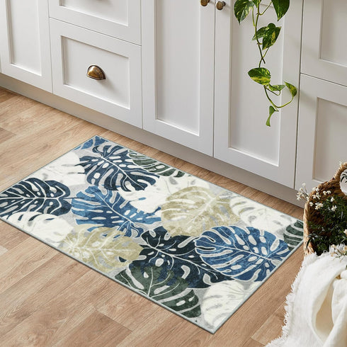 2x3 Wonnitar Kitchen Sink Rug, Machine Washable Blue Bathroom Leaf Rugs, Monstera Coastal Non-Skid Bedside Accent Mat