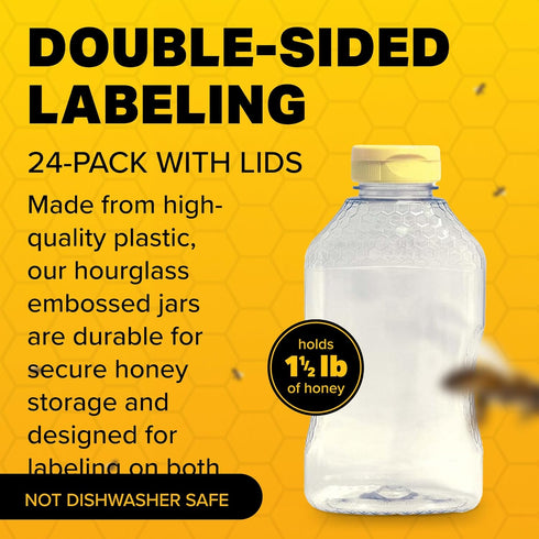 1.5 lb 24-Pack Mann Lake Refillable Hourglass Honey Jars | Plastic Containers with Yellow Flip-Top Lids | Empty Bottles