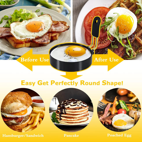 4'' Round and Square Egg Rings Set with Silicone Handle, Stainless Steel Nonstick Egg Cooking Rings for Frying Eggs