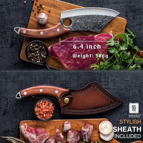 TIVOLI Meat Cleaver Knife, Hand Forged Full Tang Butcher Knife for Meat Cutting, High Carbon Steel with Sheath